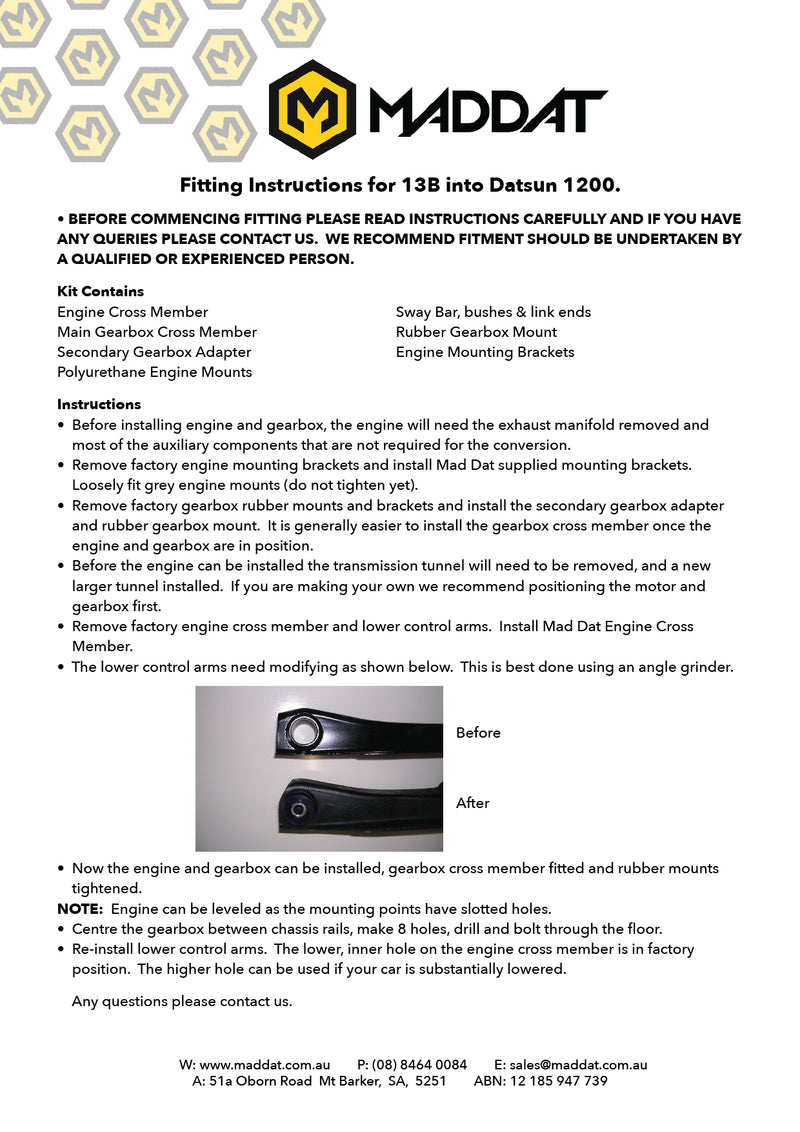 Datsun 1200/B110 13B Rotary Engine Fitting Kit